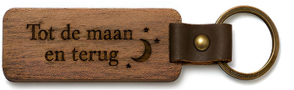 Houten Sleutelhanger "Tot de maan en terug" - Met Gravure - Hout & PU Leer - 10 cm - Liefdes Cadeau / Man / Partner / Vader