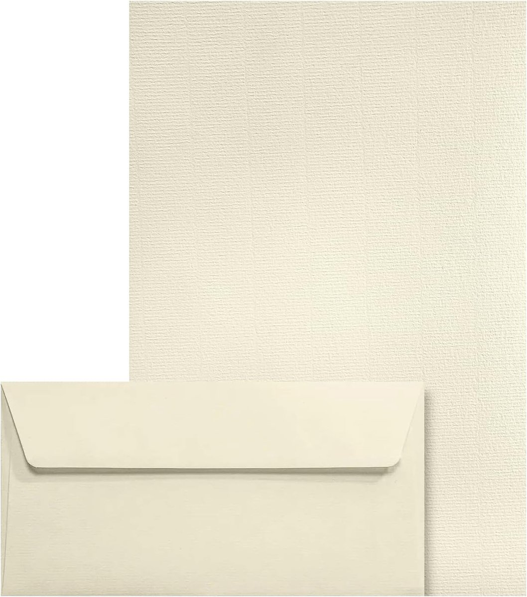 SnelShoppen - 50 Ecru Enveloppen DL + 50 Ecru Briefpapier A4, 120 g, Luxe Aster Laid Set voor Trouwen, Kerst, Uitnodigingen, Hoogwaardige Papieren Mix