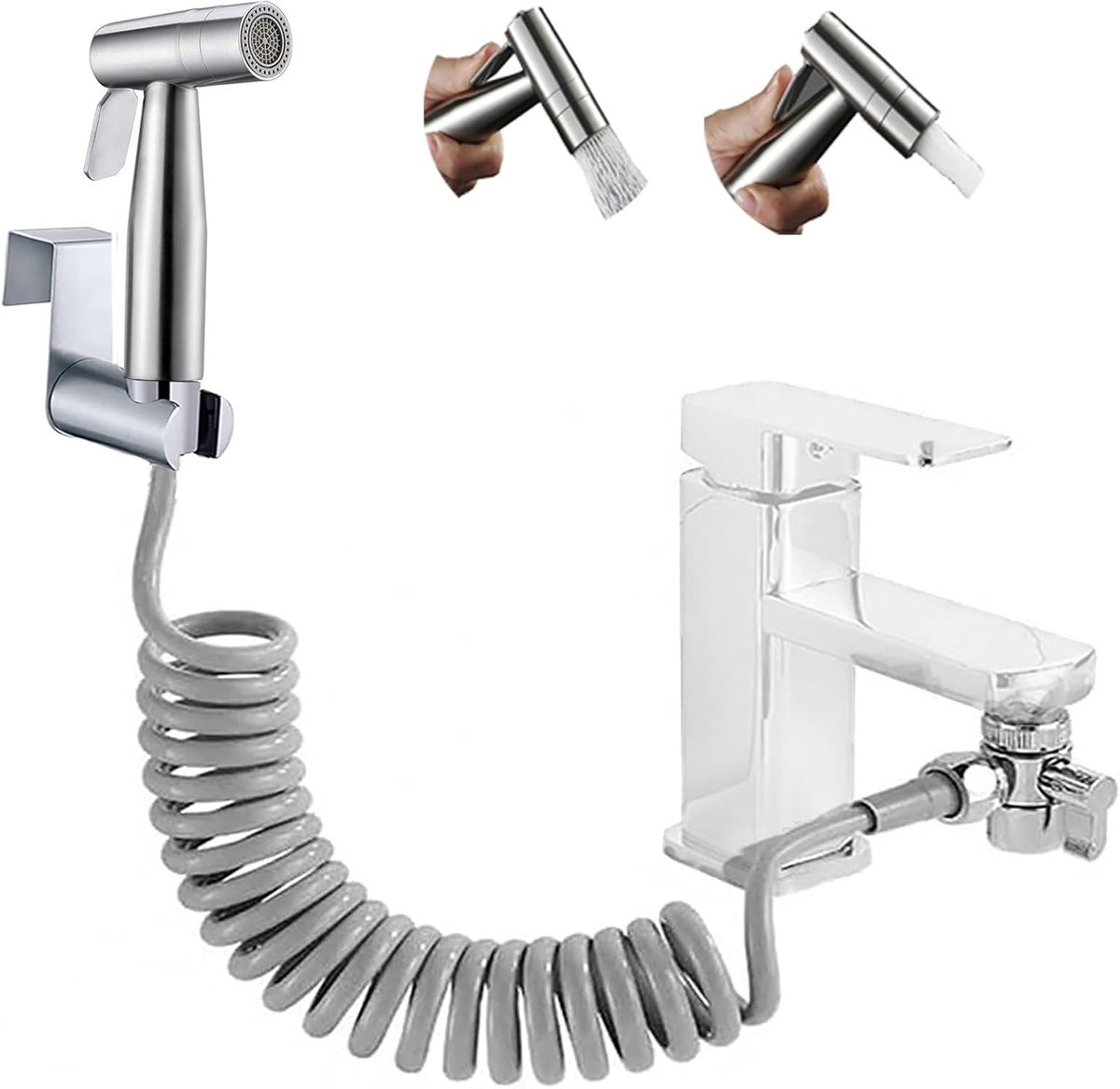 SnelShoppen - Bidet Handdouche RVS Toilet Sprayer met Dubbele Stand Jet/Stream, Babydoek Spray Set met Kraan Dispenser, Veer Slang, Wandmontage