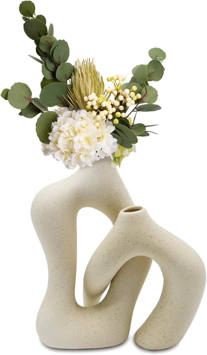 SnelShoppen - Beige keramische vaas modern interieur, Bohemian bloemenvase voor pampasgras, verse en gedroogde bloemen, decoratief object voor woonkam