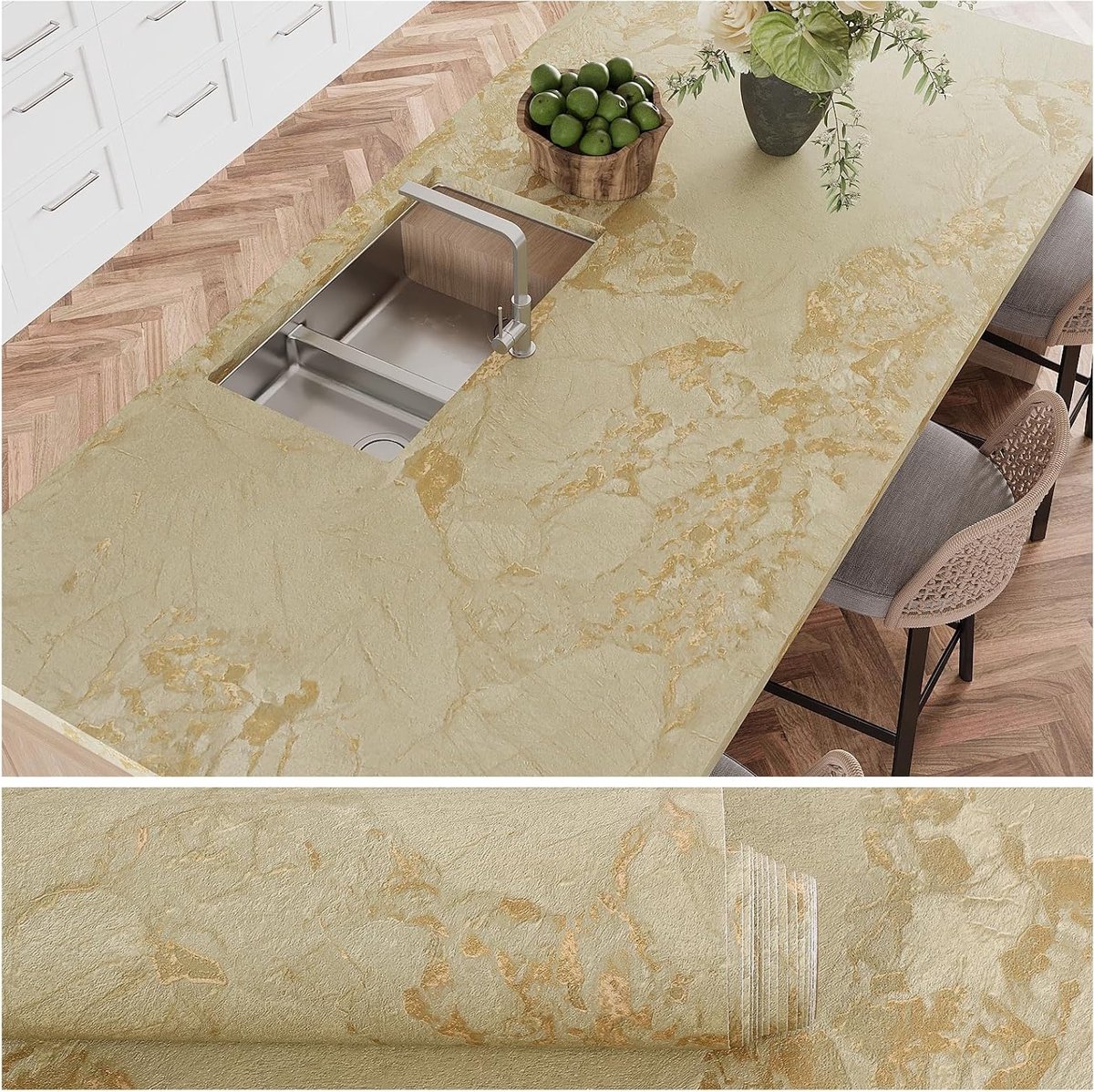 Matte gouden marmeren behang zelfklevend geel marmer 40cm x 300cm voor interieurdecoratie en renovatie