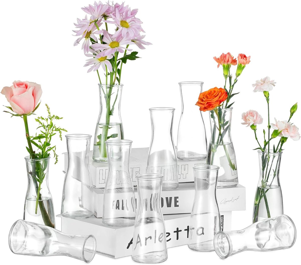 SnelShoppen - 12 glazen vaasjes voor tafeldecoratie bruiloft - moderne kleine glazen vazen voor bloemen - decoratieve vases voor woonkamer en feest -
