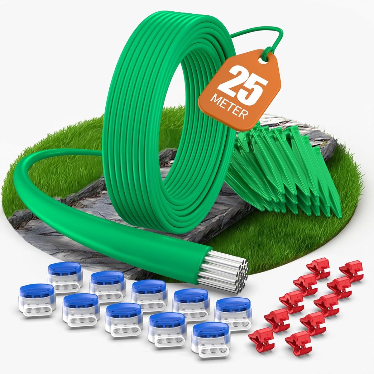 SnelShoppen - 25m Limiet Kabel Set + 25 Haringen + 10 Kabelverbinders + 10 Terminals voor Robotmaaier - Tuin Accessoires voor Gemakkelijke Installatie