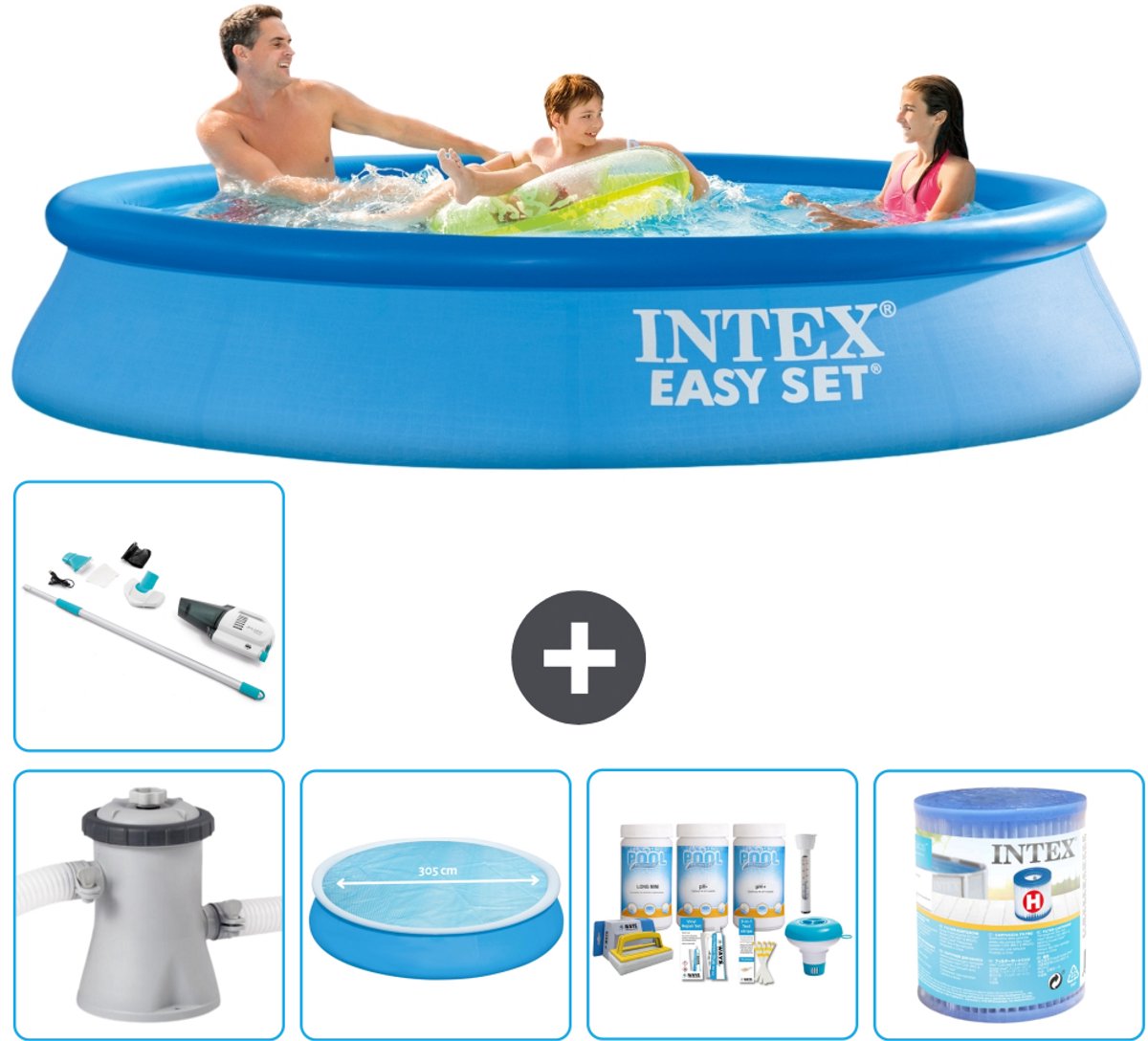 Intex Rond Opblaasbaar Easy Set Zwembad - 305 x 61 cm - Blauw - Inclusief Pomp - Solarzeil - Onderhoudspakket - Filter - Stofzuiger - 6-delig