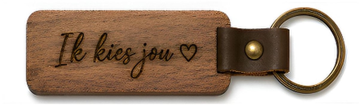 Houten Sleutelhanger "Ik kies jou" - Met Gravure - Hout & PU Leer - 10 cm - Liefdes Cadeau / Relatie / Partner / Man