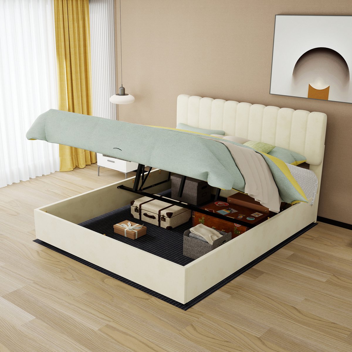HAUSS SPOLE Gestoffeerd Bed 160x200 cm - Tweepersoonsbed met Opbergruimte en Gasveer - Zacht Hoofdbord - Zonder Matras - Stof Metaal Hout - Beige