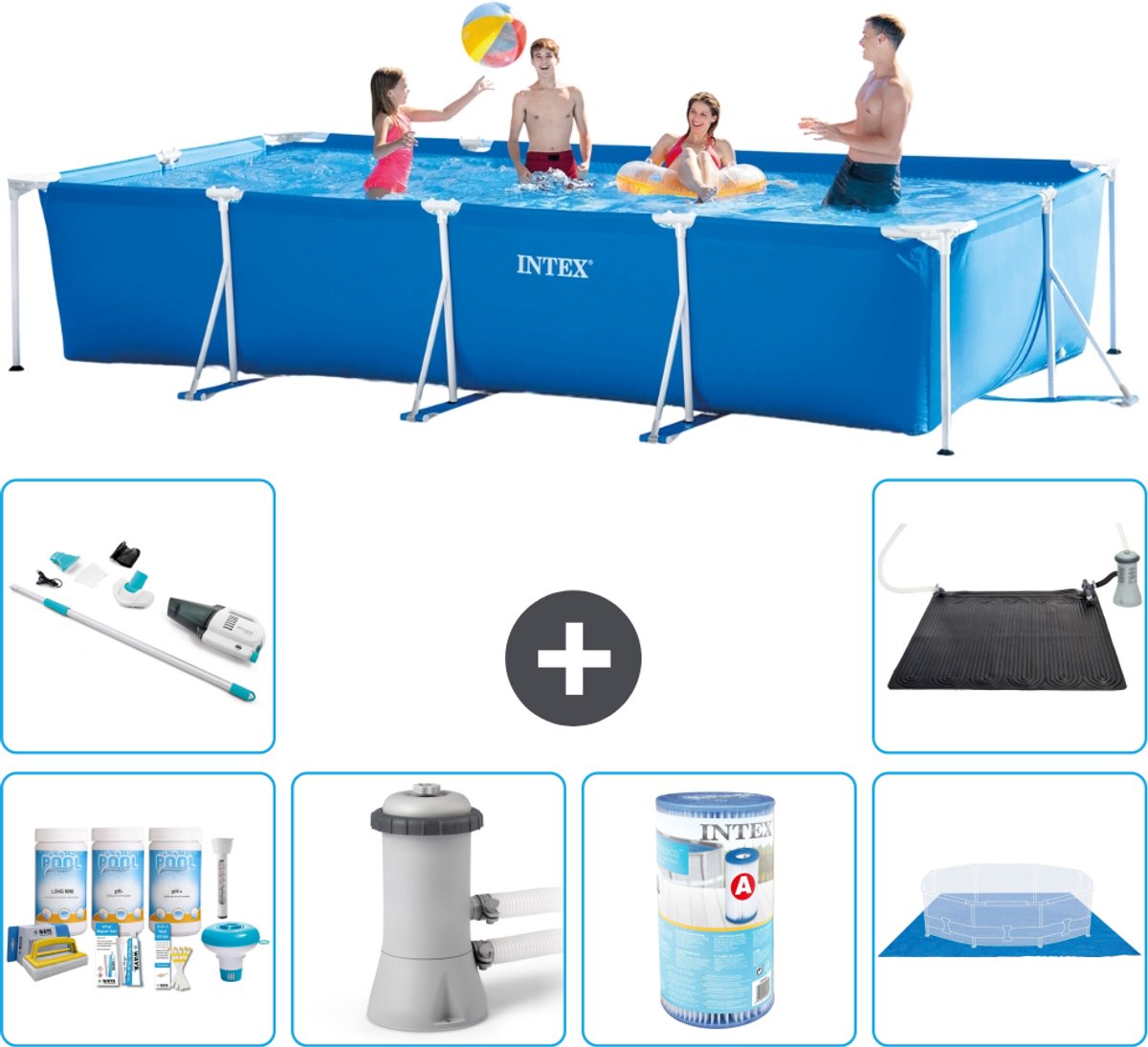 Intex Rechthoekig Frame Zwembad - 450 x 220 x 84 cm - Blauw - Inclusief Onderhoudspakket - Zwembadfilterpomp - Filter - Grondzeil - Stofzuiger - Solar Mat - 7-delig