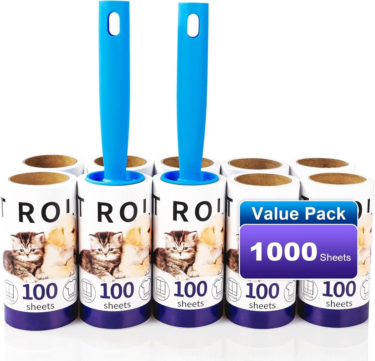 SnelShoppen - 1000 Vellen Extra Plakkerige Lintroller voor Huisdierhaar, Kleding, Pluizenroller, 10 Rollen met 2 Dispensers, Multi-Purpose voor Kat- e