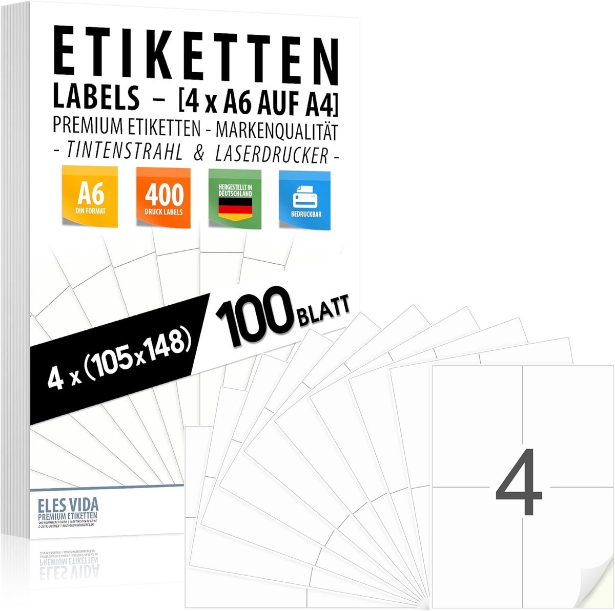 SnelShoppen - Labels 105 x 148 mm, zelfklevend, mat wit, A4 vel met 4 etiketten, inkt en laser printer geschikt, 100 vellen - 400 verzendlabels