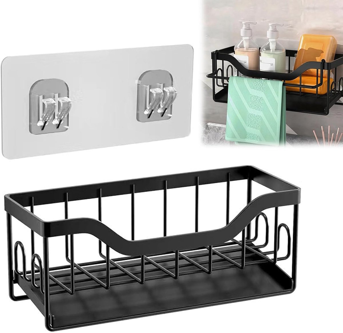 SnelShoppen - Sink Organiser, Keuken Spons Houder met Automatische Afvoer, Afneembare Handdoekhouder en Opbergdoos, Organizer voor Afwasborstels in Zw