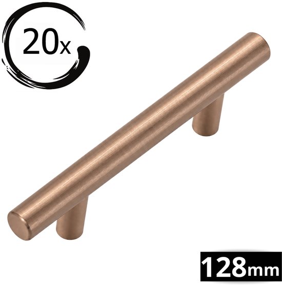 20x Rose bronzen deurknop 128mm met gebogen handvat. De 20x is weergegeven in een cirkel.