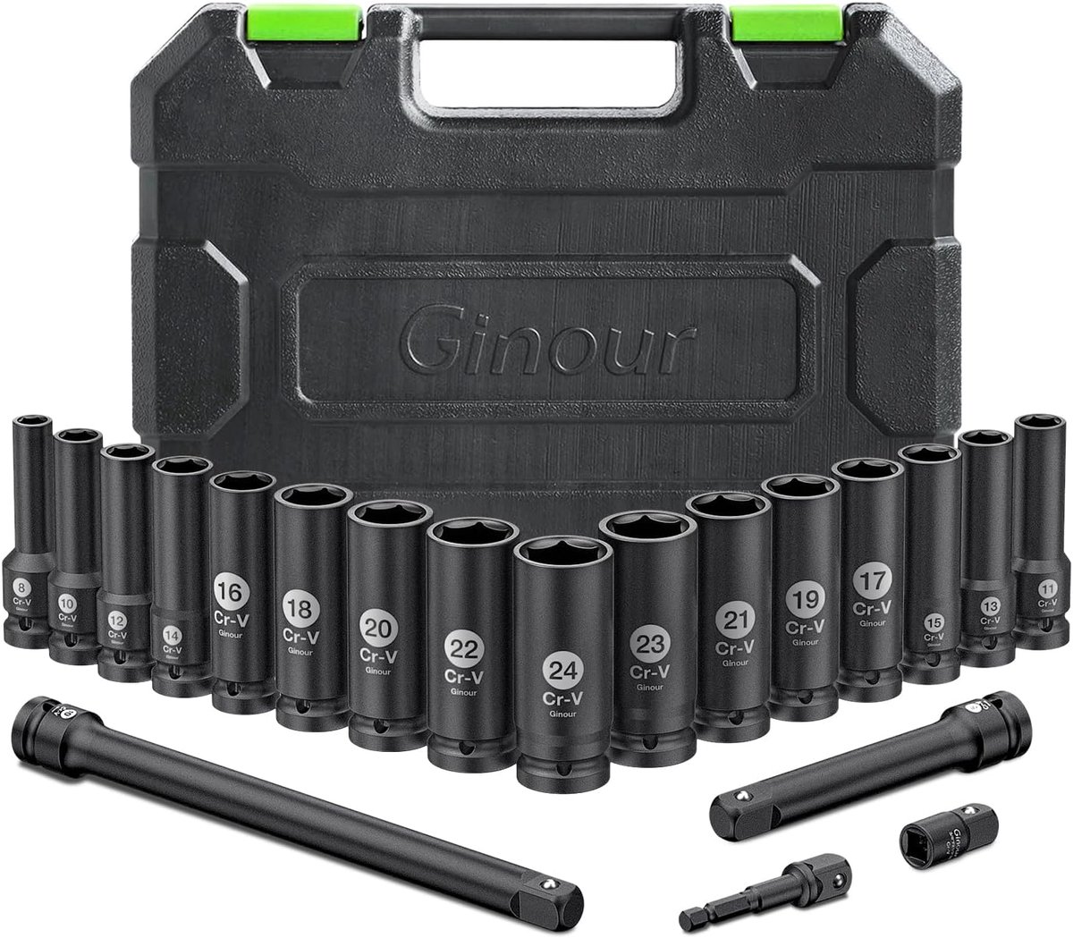 SnelShoppen - 20-delige 1/2" Impact Wrench Socket Set met 16 Hex Caps, 3/8" naar 1/2" Adapter en Verlengstukken, CR-V, 8-24mm, Duurzaam en Roestvrij