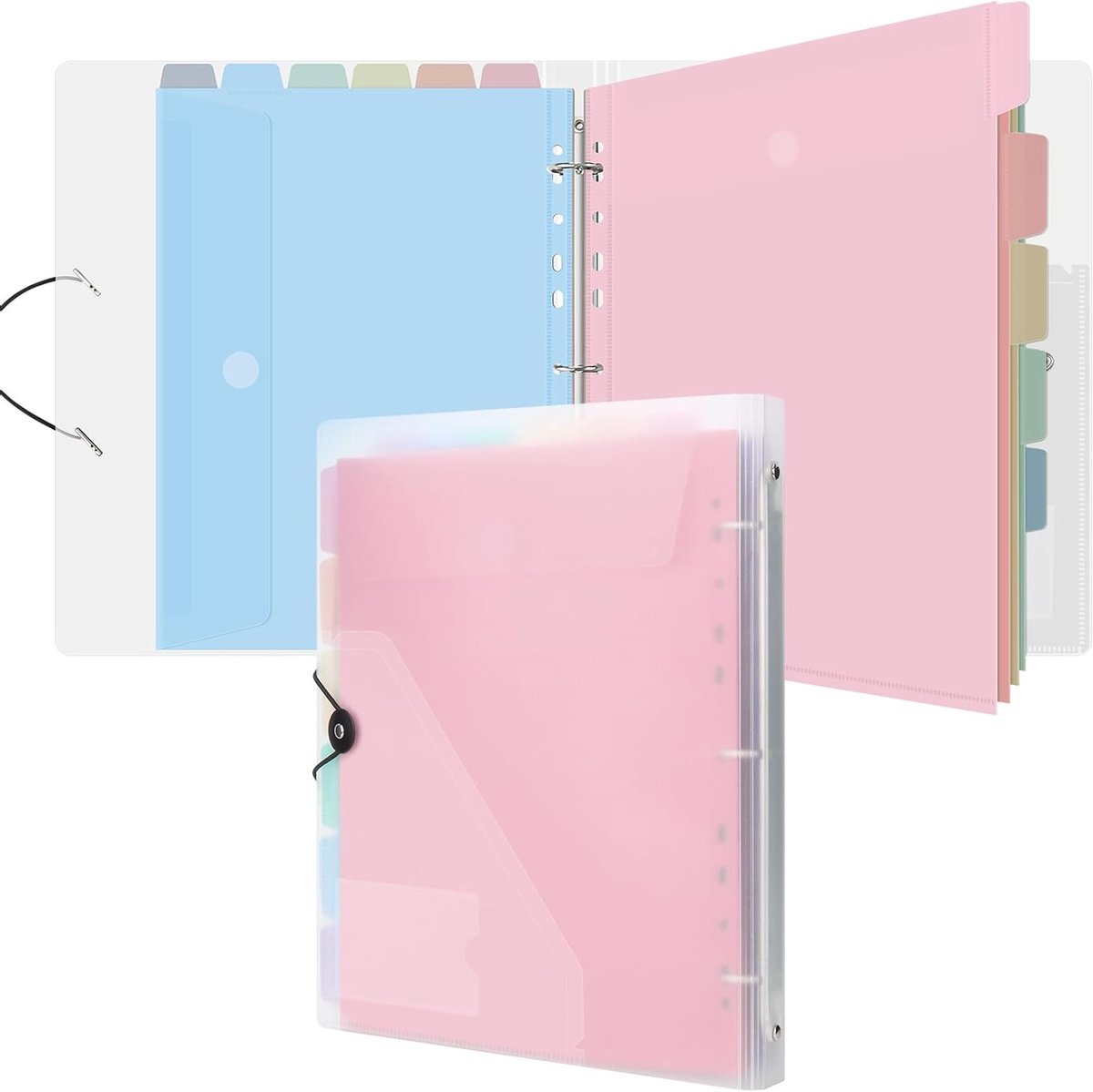 A4 Ringband Organizer met 12 Perforatiezakken - Verbeterde Mappen voor Documenten, Opbergmap voor Thuis en Kantoor, Transparante Macaron Kleur