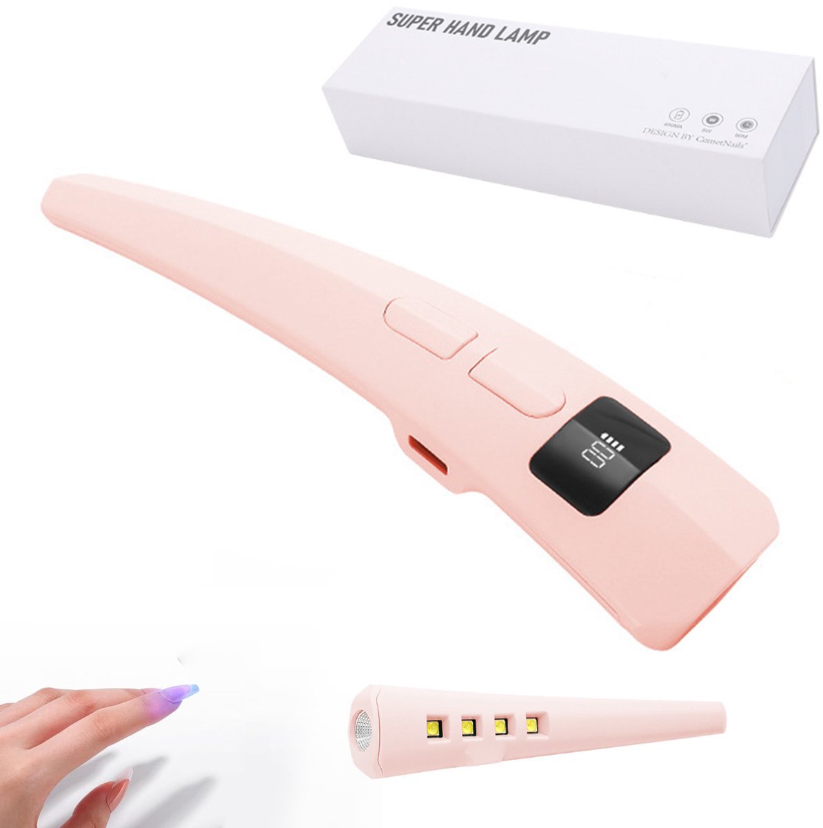 Compacte draadloze UV/LED nageldroger met digitaal display, 45 seconden timer en krachtige 395+405nm LED-lampen voor snelle uitharding van gellak, ideaal voor thuisgebruik en professionele manicure.