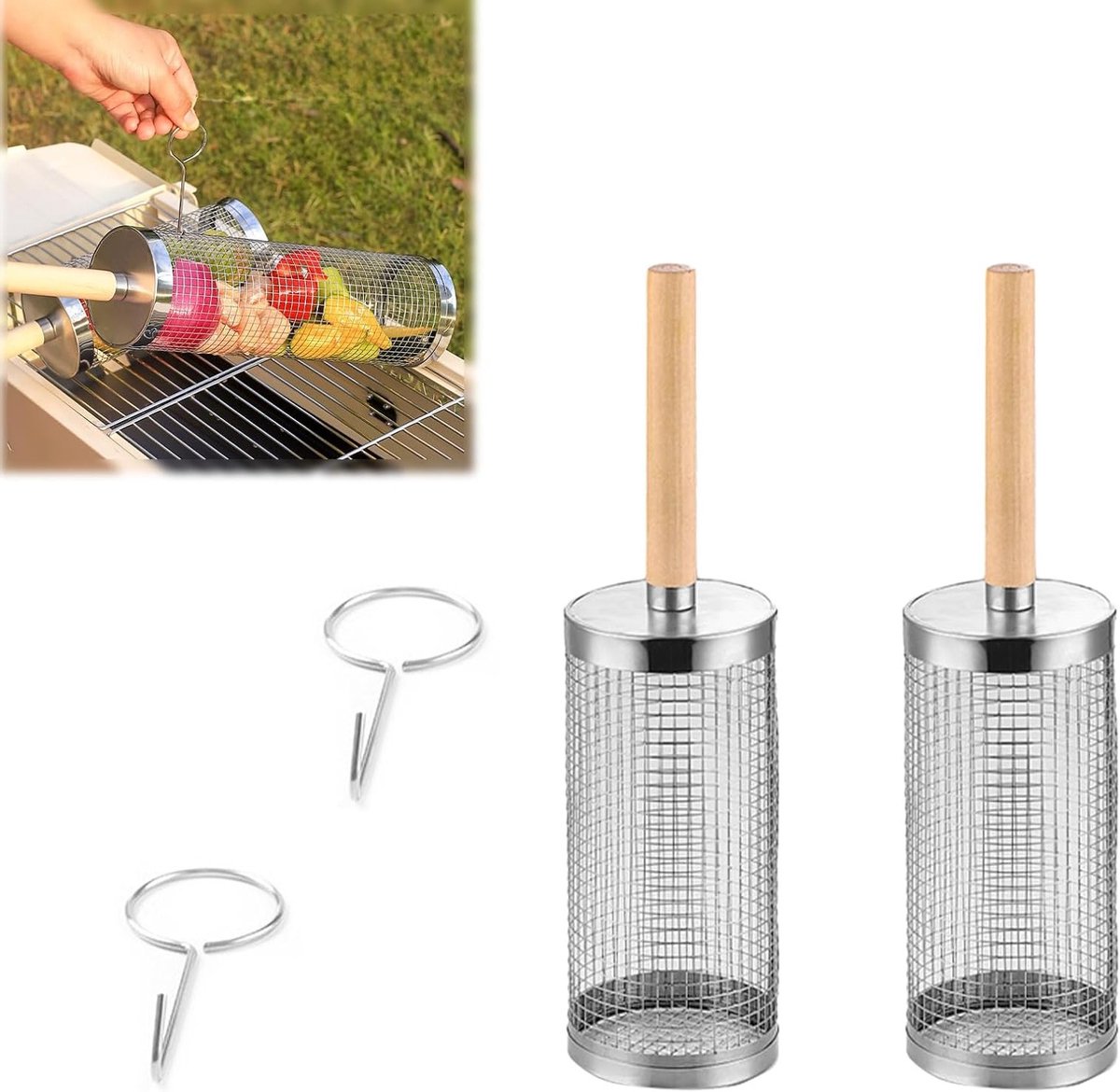 Roestvrijstalen Grillmand met Verwijderbare Houten Handgreep voor Groenten en Vlees, Perfecte BBQ Accessoires voor Buiten en Cadeau voor Mannen en Vaderdag