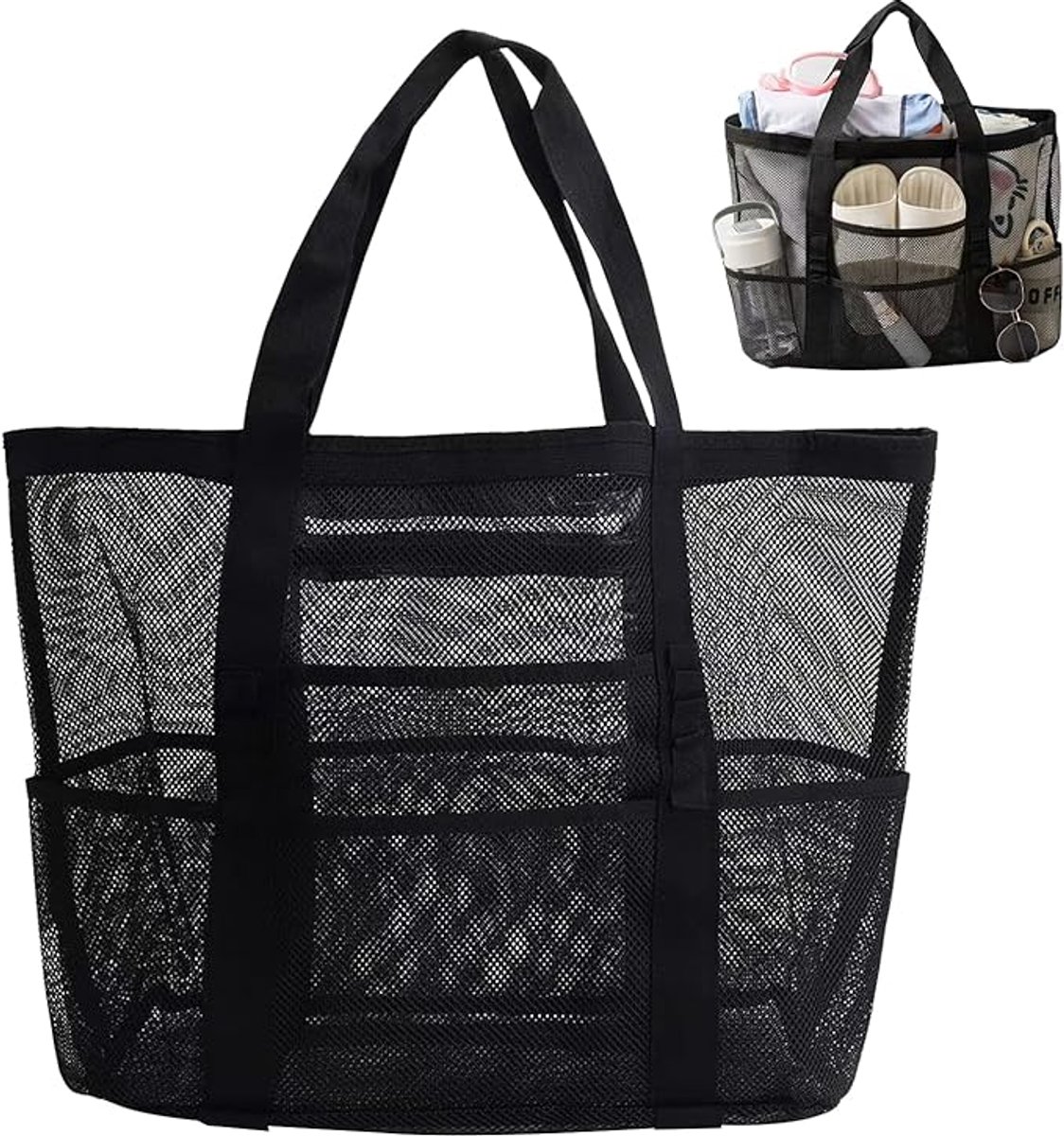 Grote strandtas van netstof, geschikt voor speelgoed - ideaal voor op reis - 39×16×36 cm