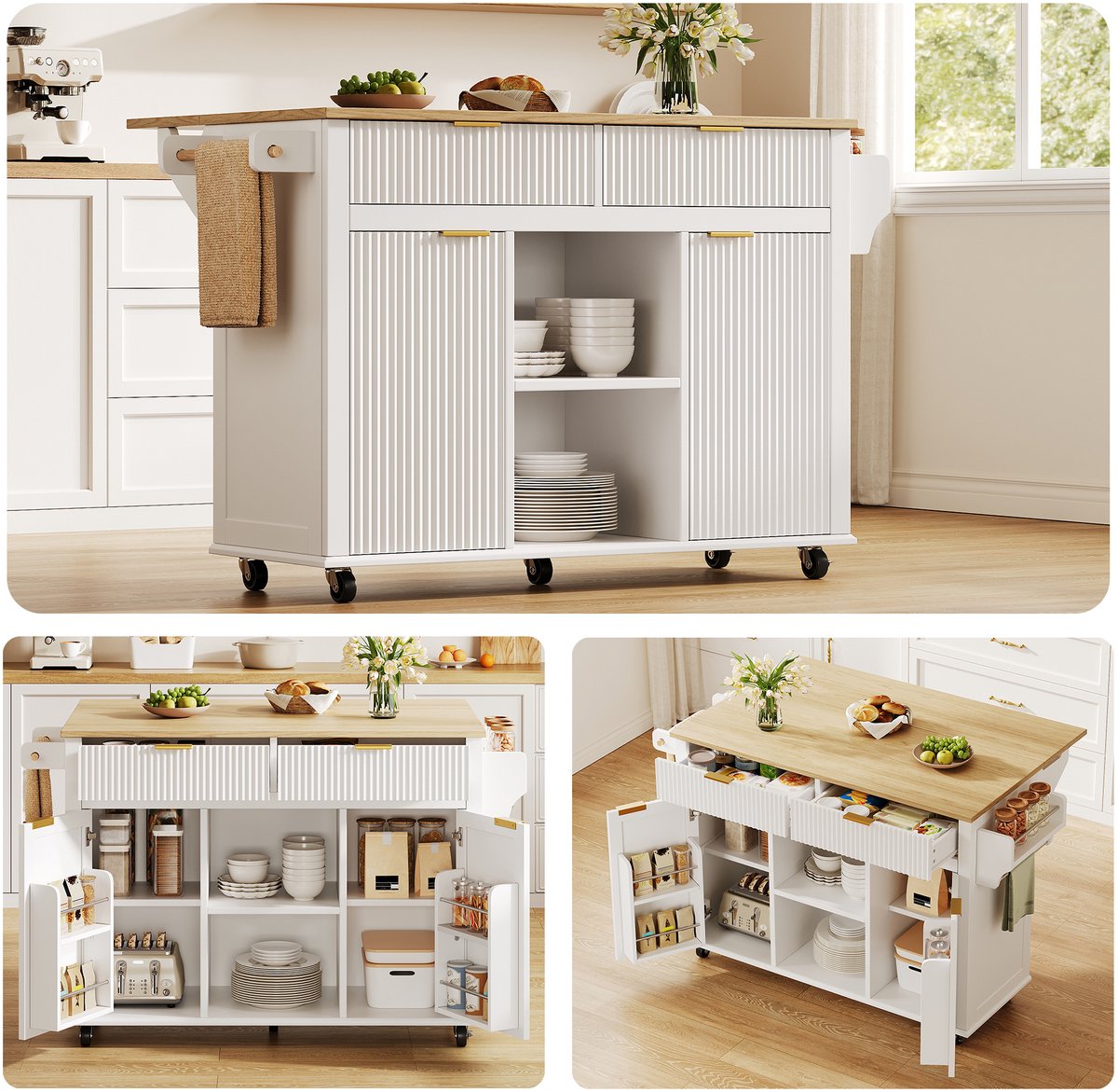 Clruro Keukeneiland - 120 x 45/69 cm - Klapblad met 2 Laden en Kruidenrek - MDF - Wit