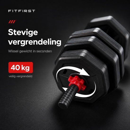 Zwarte halter van 40 kg met rode vergrendeling en pijlen die draaiende beweging aangeven.
