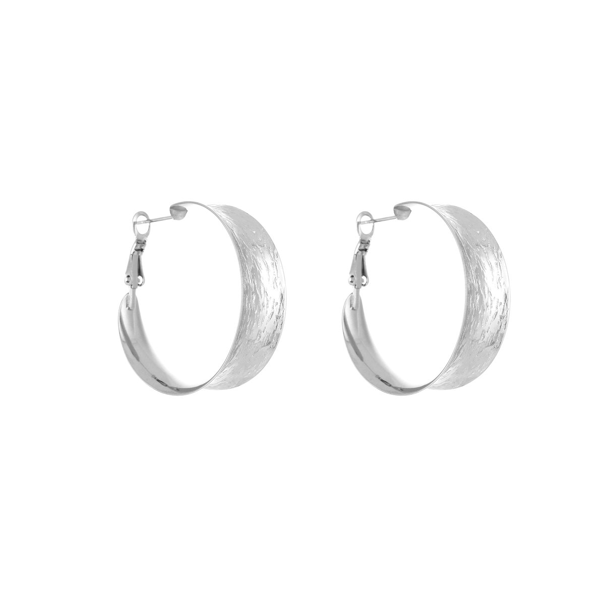 Stainless Steel Vintage Look Oorringen – Brede Getextureerde Oorbellen - RVS - Zilver