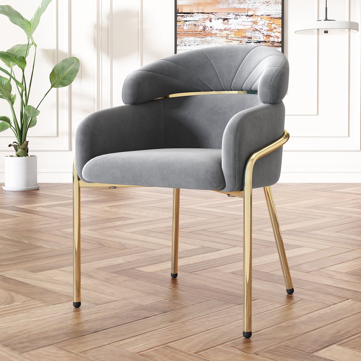 Welltin Eetkamerstoelen met armleuningen - Set Van 2 - Eettafelstoel - Keukenstoel - Eetkamerstoelen - Stoel - Eetkamerstoel, enkel, licht luxe, woonkamer, slaapkamer, vrijetijdsstoel, met 4 metalen poten, fluweel - Grijs