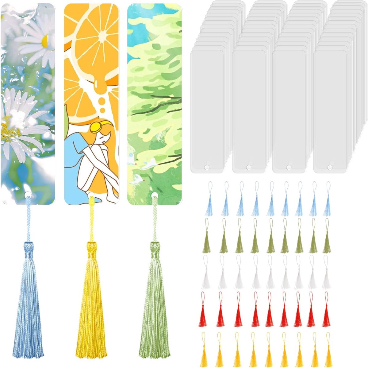SnelShoppen - 90 Pcs Bookmark Blanks Set - 45 Stuks Transparante Acryl Boekenleggers met 45 Kleurrijke Kwastjes - DIY Crafting Materialen voor Creatie