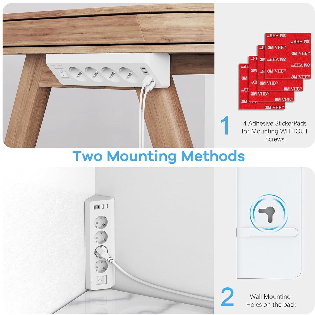 SnelShoppen - Hoekstopcontact met 2 USB en 2 Type-C, 4-Weg Stekkerdoos met Schakelaar, Power Strip Overspanningsbeveiliging met 2 m Kabel voor Keuken,
