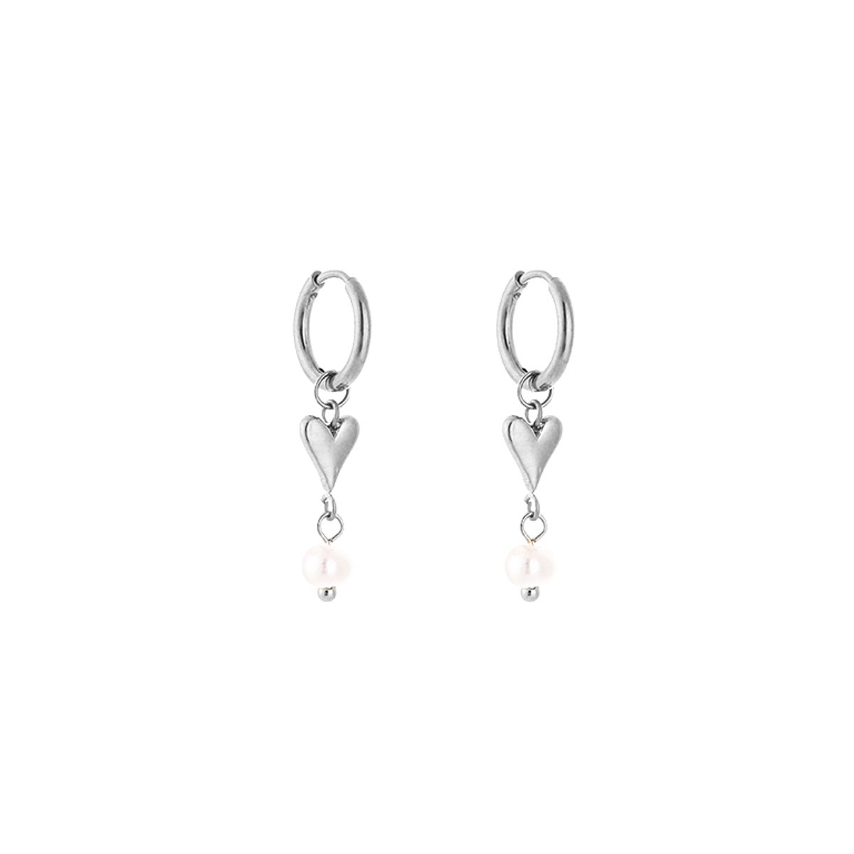 Stainless Steel Bedel Oorringen met Hartje & Parel – Elegante & Romantische Oorhangers - RVS - Zilver