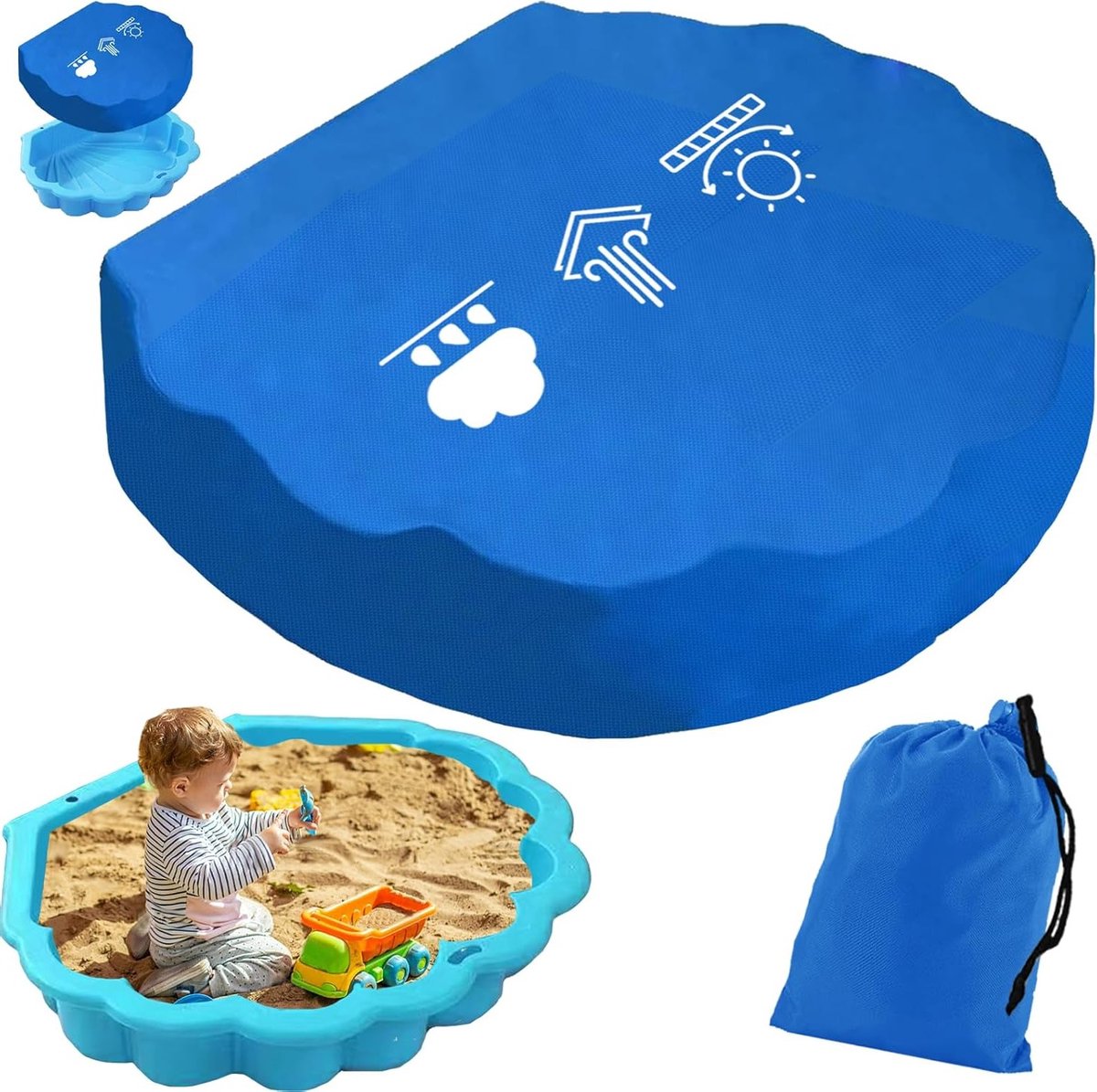 Waterdichte ronde zandbakhoes 100 x 100 cm met trekkoord en elastische band, ideaal voor zand- en waterspeelgoed, inclusief opbergtas