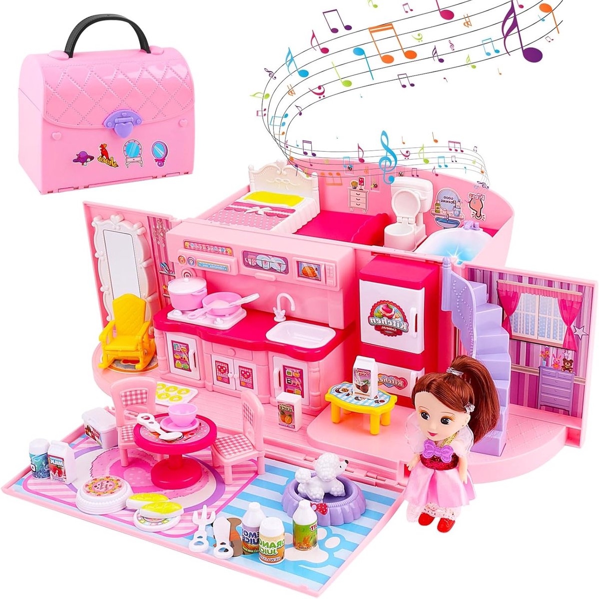 2-in-1 Roze Droomhuis Speelset voor Kinderen met Licht en Muziek, Inclusief Accessoires en Draagtas - Perfect Cadeau voor Meisjes
