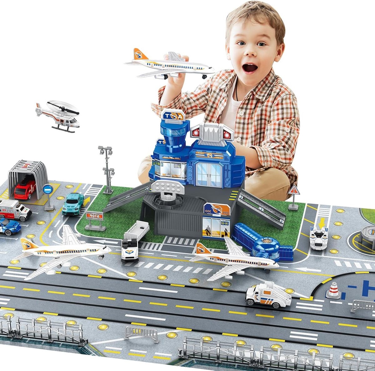 Speelgoedset met radar toren en 9 voertuigen: bagagewagen, politieauto, passagiersvliegtuig, wegafsluiting en grondpersoneel voor kinderen van 5 tot 12 jaar. Perfect voor creatief spel en ontwikkeling.