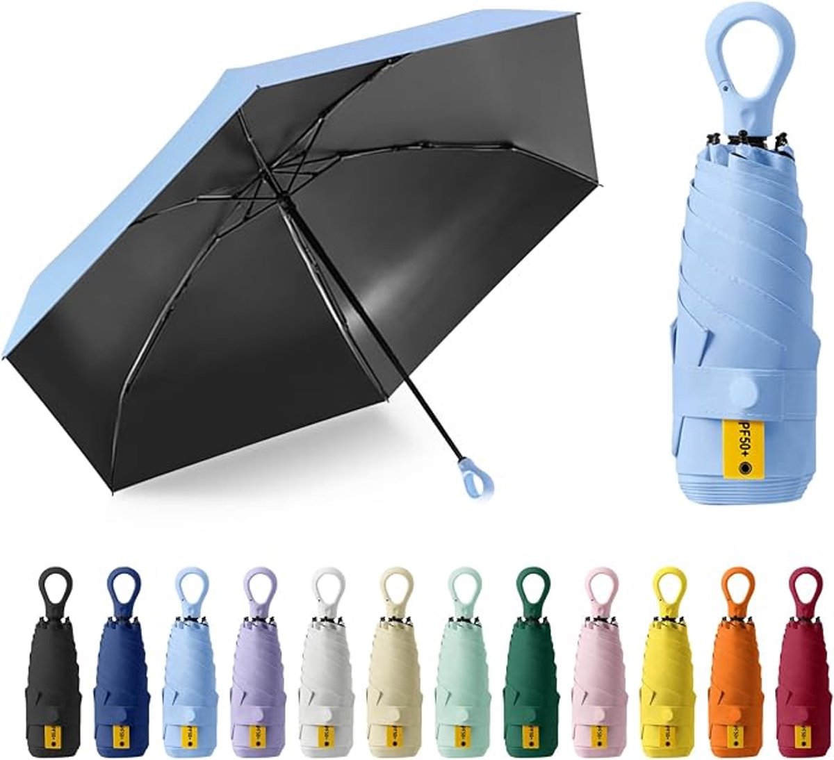 Zonneparaplu, zakparaplu, UPF50+, mini-paraplu met 6 baleinen, ringhandvat en opbergdoosje, geschikt voor zonnige en regenachtige dagen - hemelsblauw.