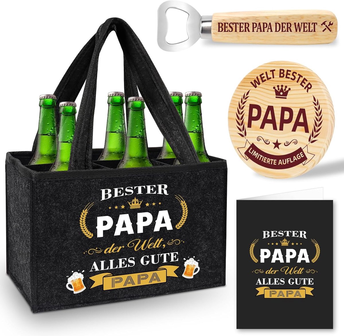 SnelShoppen - Shining She Vaderdag Cadeau voor Papa - Handtas voor Mannen met Bier, Vilt Fles Tas met Flesopener, Coaster en Houten Groetkaart - Beste