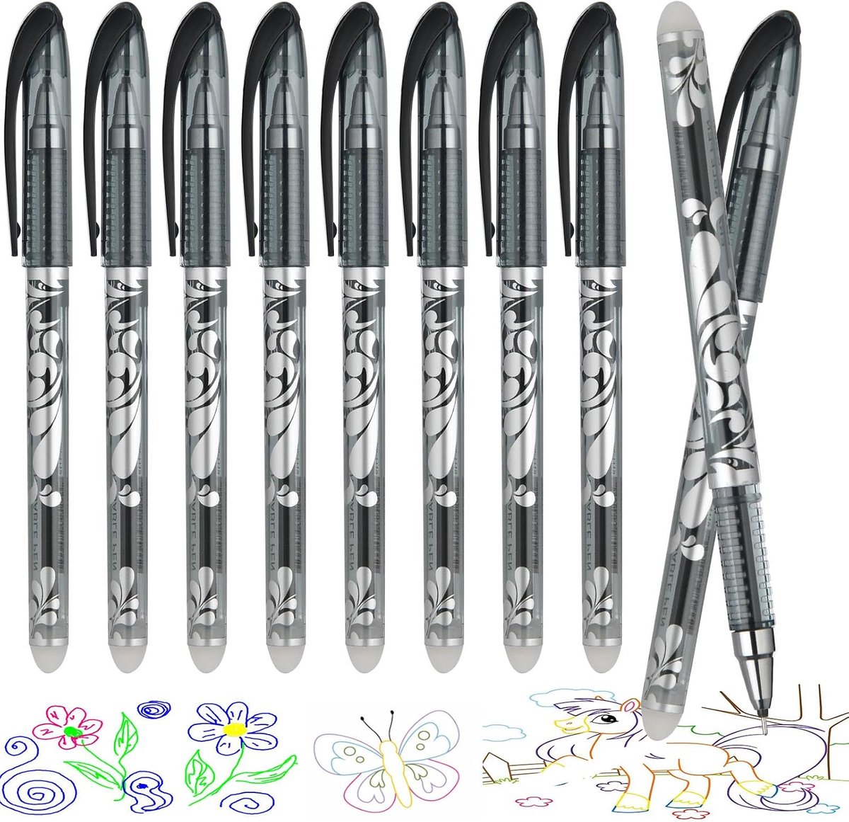 SnelShoppen - Set van 8 Erasable Gel Pens - 0.5mm Tip - Verwijderbare Gelpennen met Gum - Perfect voor Schrijven, School en Kantoor - Zwart