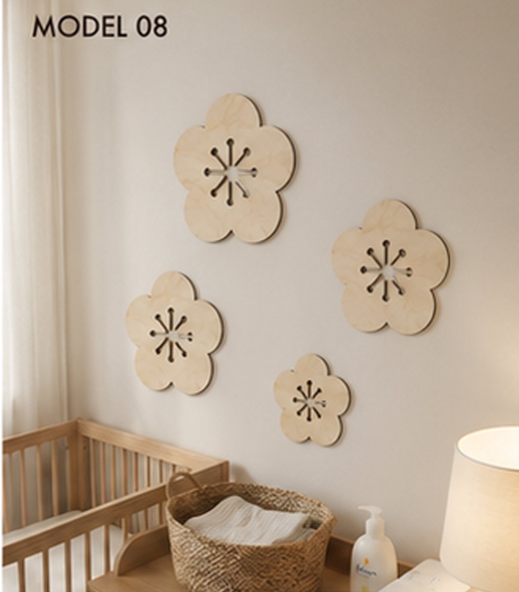 Houten Bloesem Wanddecoratie Babykamer – Set van 4 Bloesembloemen – Scandinavische Kinderkamer Decoratie – Natuurlijk Berkenhout