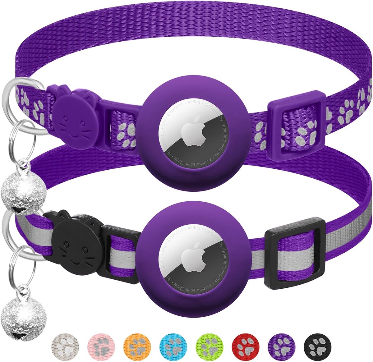 SnelShoppen - Airtag Kattenhalsband met Veiligheidsgesp en Bel - Reflecterend en Verstelbaar 7-12 inch voor Katten - Paars - Set van 2 - Huisdieracces