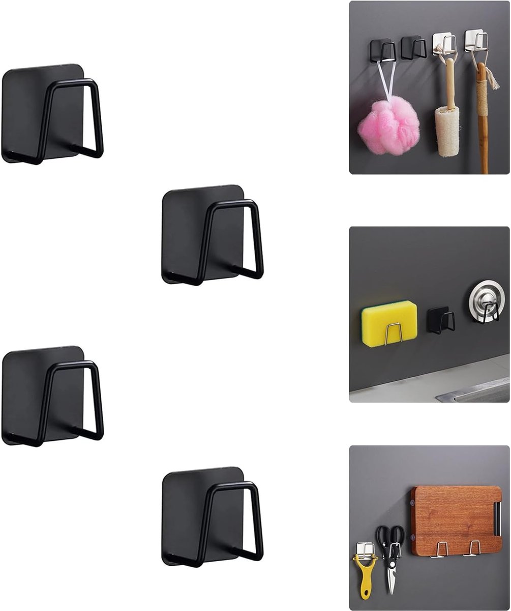 SnelShoppen - 4x Keuken Spons Houder Zonder Boren - RVS Afwas Spons Organizer - Zwart - Ideaal voor Keuken en Badkamer - Space Saver