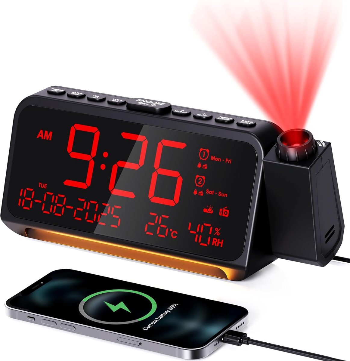 SnelShoppen - Digitale FM Alarmklok Radio met 320° Projectie, Automatische Uitschakeltimer, Weekendmodus, Dubbele Alarmfunctie, Temperatuur- en Vochti