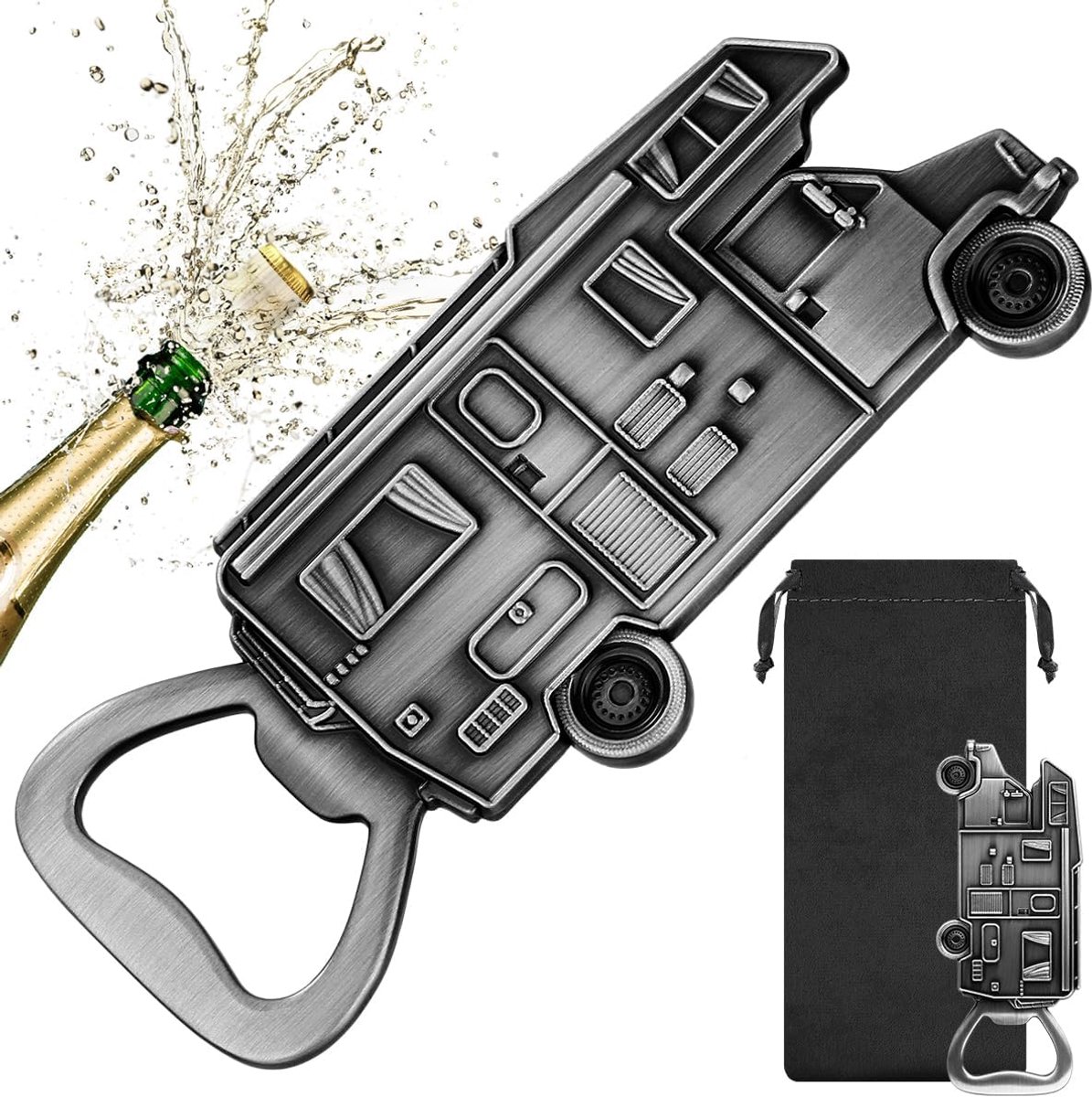 SnelShoppen - Flesopener Camper Design - Grappige Bieropener - Donker Zilver - Hoogwaardig Metaal - Perfect voor Camping, Feest, Reizen, Cadeau voor M