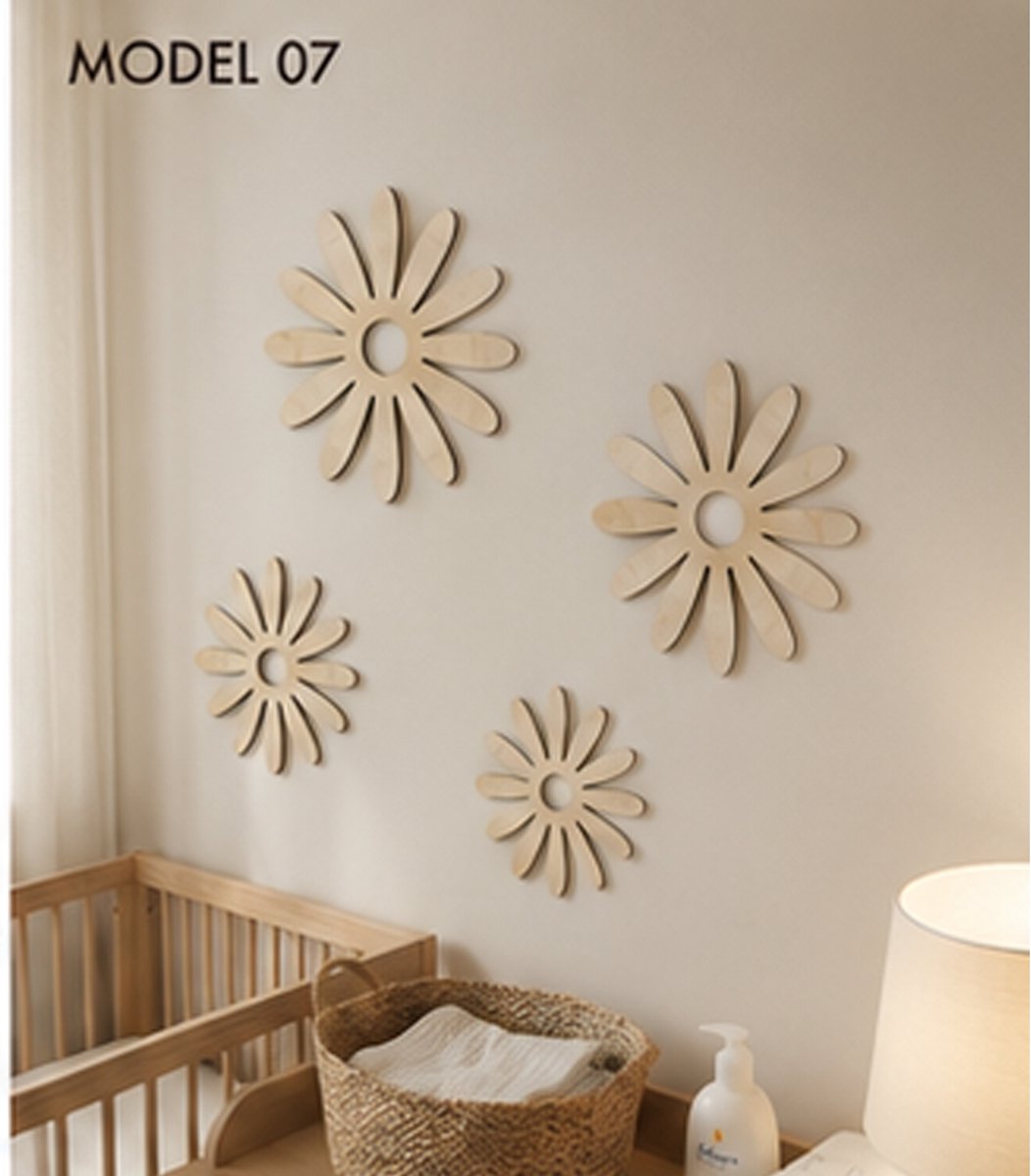 Houten Margriet Wanddecoratie Babykamer – Set van 4 Margrietbloemen – Scandinavische Kinderkamer Decoratie – Natuurlijk Berkenhout