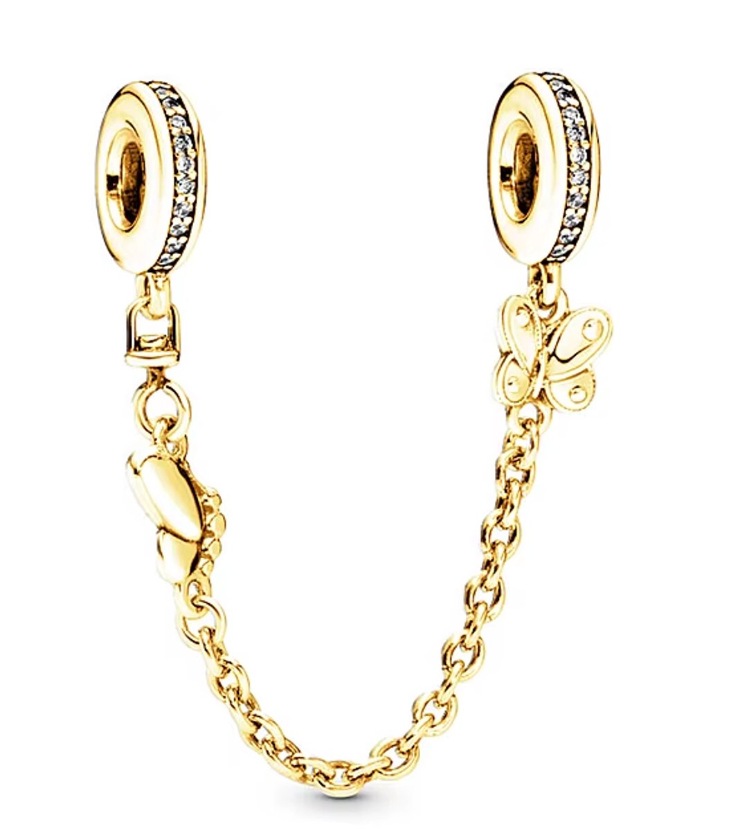 Fler® | Bedel | Past op populaire bedelarmbanden (standaard - 3mm) | Veiligheidsketting met Vlinder | Hangbedel Charm | 925 sterling zilver | Transparante zirkonia | Valentijnsdag Cadeau | Sinterklaas kado | Kerstcadeau | Verjaardagsgeschenk
