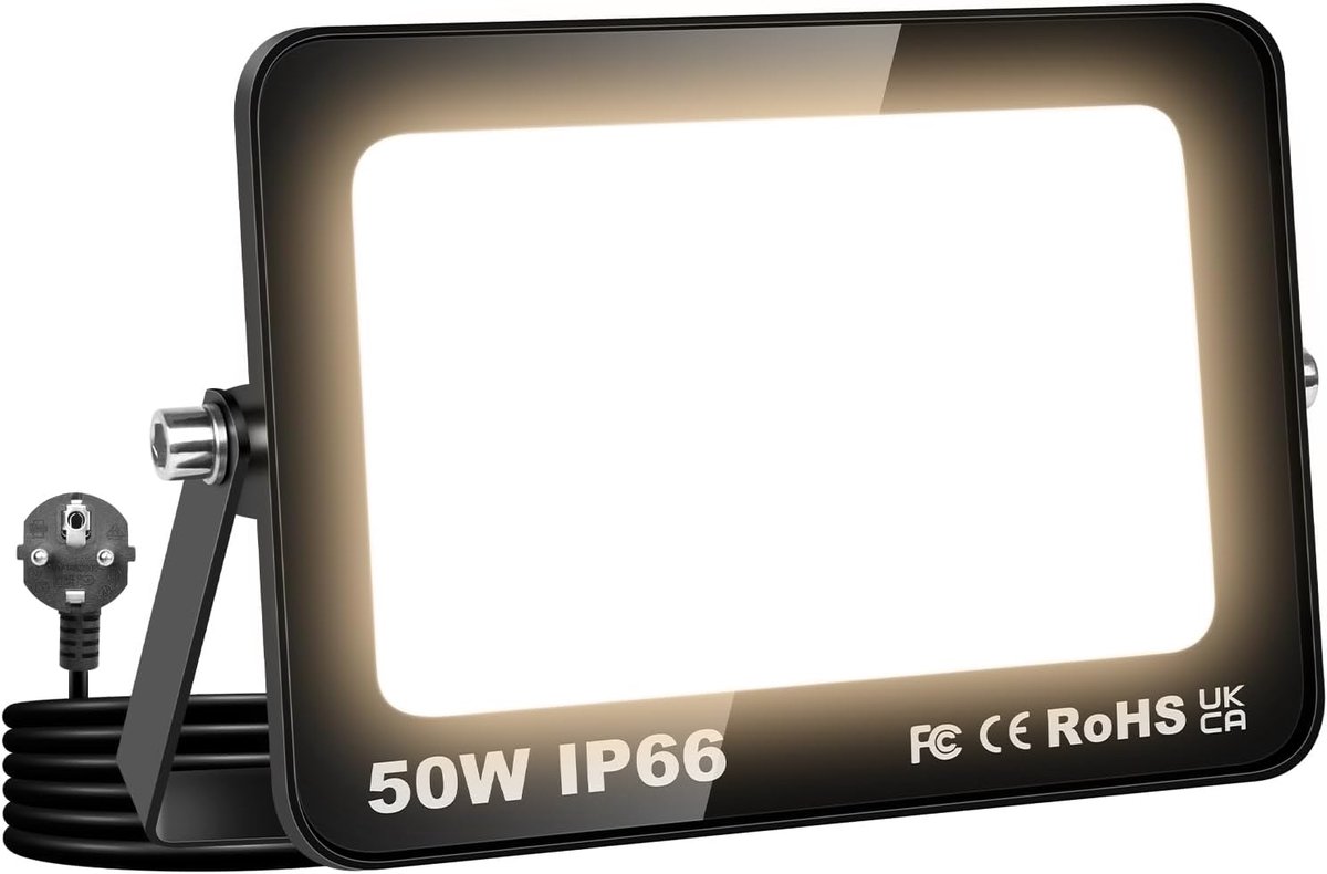 SnelShoppen - 50W Outdoor LED Spotlight - 5000LM Waterdichte LED Buitenlamp met Stekker - IP66 Tuinverlichting - 3000K Warm Wit - Perfect voor Garage,