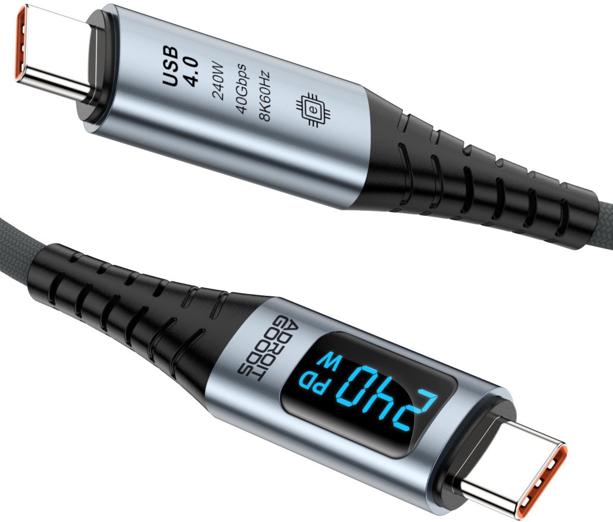 AdroitGoods USB-C Kabel 240W – USB4, 40Gbps, LED Display, 8K Video, E-Marker Chip – Premium Snellaadkabel - 1 m