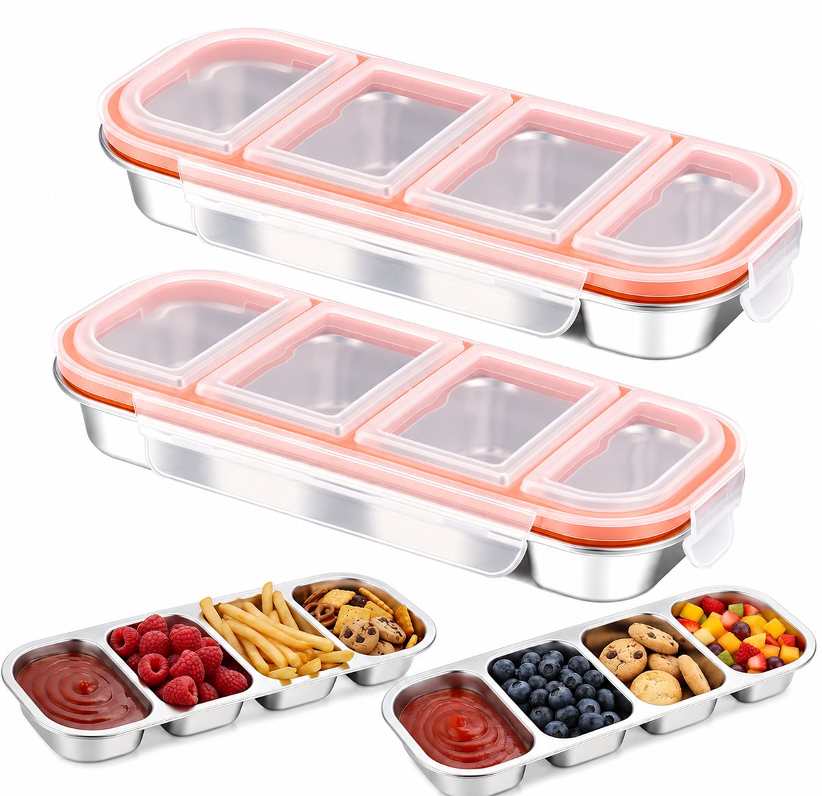VHV - Lunchbox - RVS snackdoosjes met 4 vakken - Bento box - 500ml - Lekvrije deksels - Stapelbaar - Herbruikbaar - Voor school, kinderopvang, werk en meal prep - Set van 2 - Zilver
