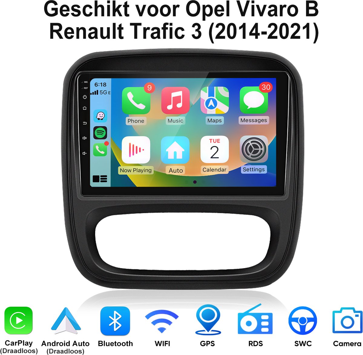 Junsun Android Autoradio Geschikt voor Opel Vivaro B Renault Trafic 3 (2014-2021) - Draadloos CarPlay & Android Auto - GPS-navigatiesysteem - Bluetooth - 9 Inch IPS TouchScreen - Stuurwielbediening - WiFi - RDS - USB - 2+64GB