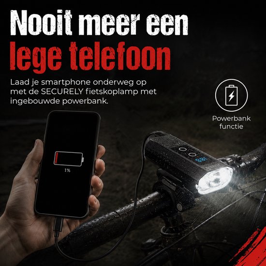 Een hand houdt een smartphone met 1% batterij vast, verbonden met een zwart fietslicht met powerbank functie.