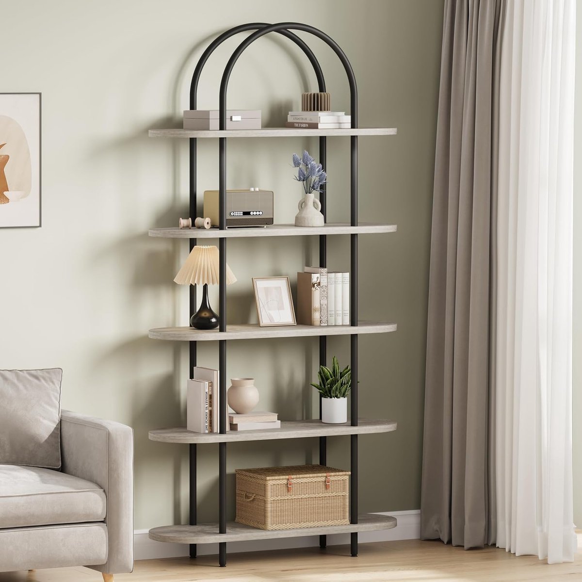 Metalen Boekenkast Klapbaar - Opvouwbaar Opbergrek 180 cm - Boekenrek met 5 Planken - Industrieel Wandrek & Displayrek voor Woonkamer, Kantoor en Keuken - Grijs