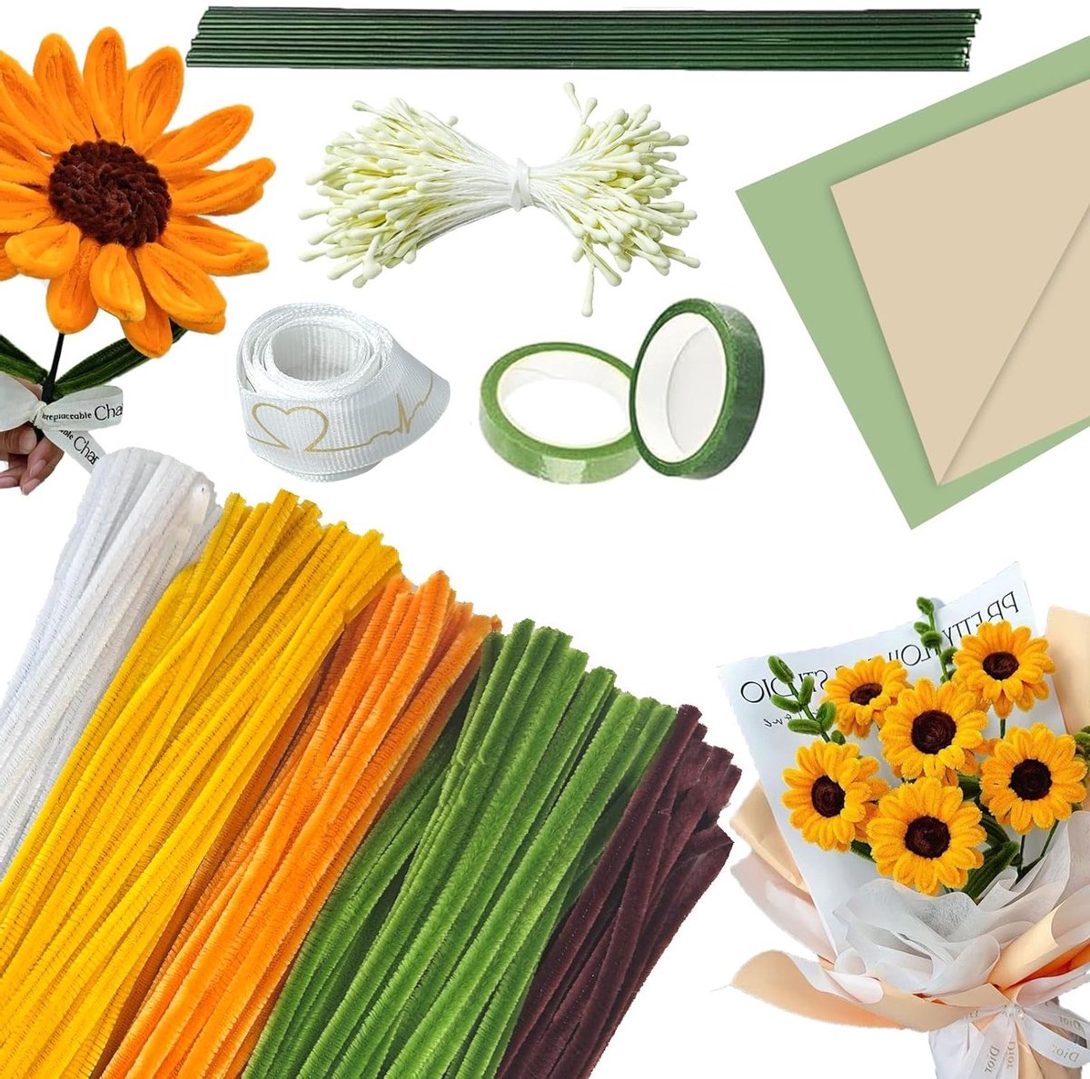 210 Stuks Bloemen Boeket Pijpenrager Set met 5 Kleuren en Groene Draad voor Creatieve DIY Cadeaus en Decoraties