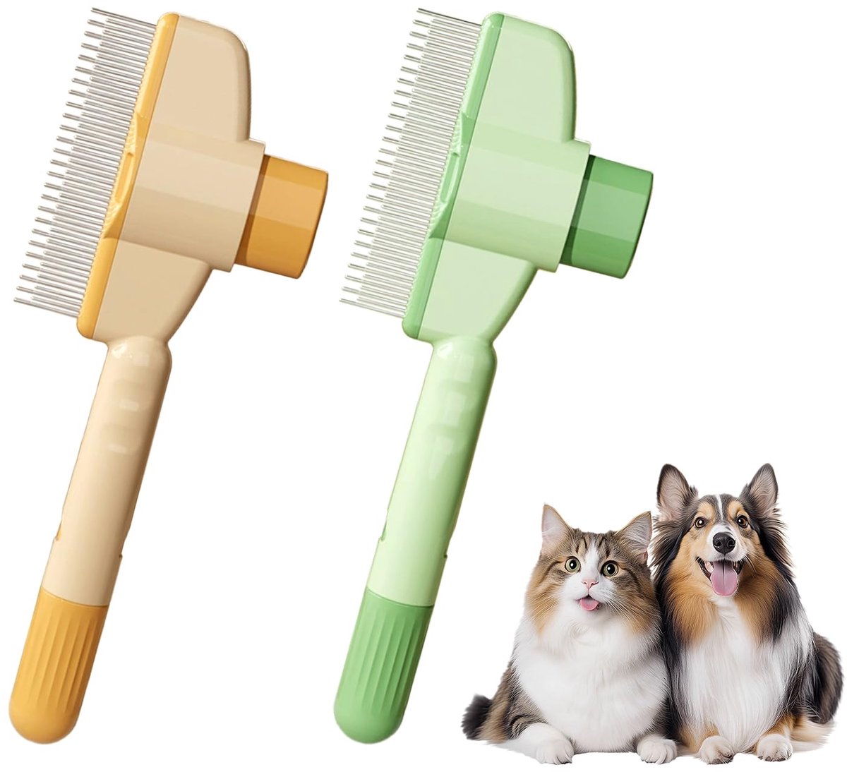 2 Stuks Haarverwijderingskam voor Katten en Honden - Met Uitwerpknop - Geschikt voor Kort en Lang Haar - 20 x 8 cm - Groen en Geel
