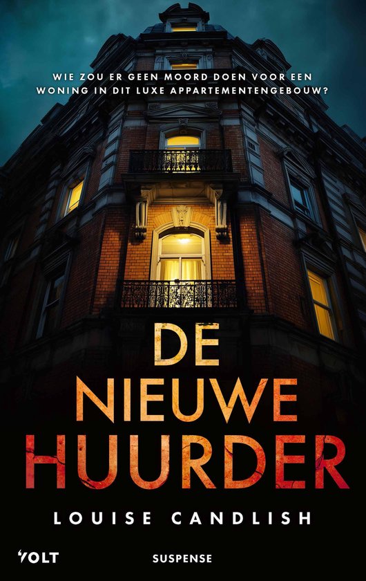 Couverture du livre 'Le nouveau locataire'. Un immeuble d'appartements de luxe avec des fenêtres éclairées.
