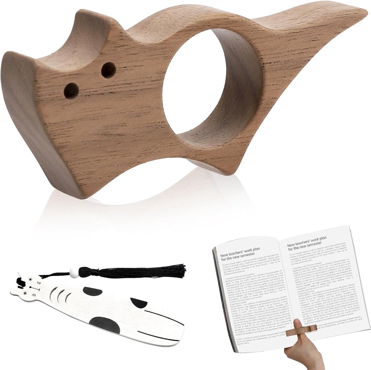 SnelShoppen - Page Holder Kat Design, Boekhouder met Duimboekerclip van Glad Hout, Boekaccessoires en Leesaccessoires voor Boekliefhebbers en Literatu